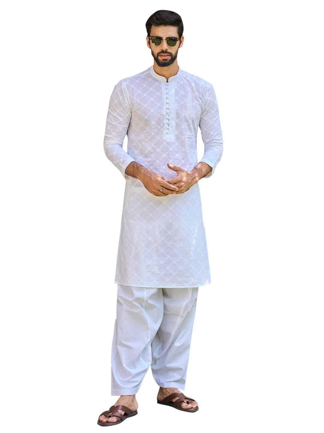 See Designs White Cotton Regular Fit Embroidered Kurta Set Mandarin Collar Long Sleeves_SDMKT109403M