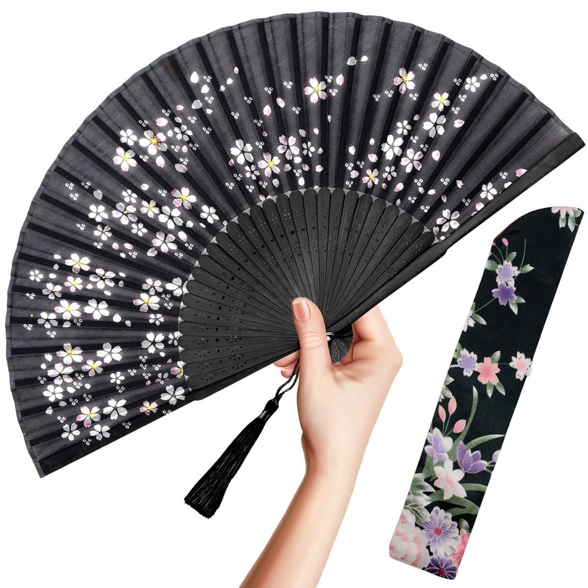OMyTea Folding Hand Fan for Women Foldable Chinese Japanese Vintage Bamboo Silk Fan for Hot Flash Church Decoration EDM Music Festival Dance Party Performance Gift Black Little Sakura
