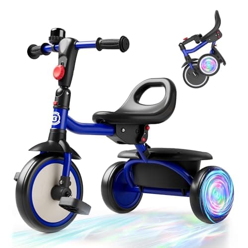 besrey Kids Tricycle with Flash Wheels for Ages 18 Months to 5 Years Toddler Tricycle with Bell Kids Tricycle Gift for 25 Year Olds Gift and Toy for Boys and Girls Tricycle for Toddlers Blue