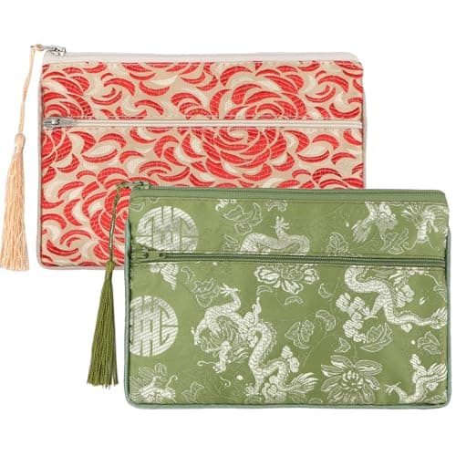 kilofly 2 pc Chinese Silk Brocade 2 Zipper Pocket Tassel Jewelry Bag Gift Pouch set2 D