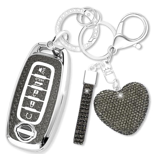 Simocky Compatible with Nissan Key Fob Cover with Heart Keychain, Car Key Shell for Women, Compatible with Nissan Rogue Pathfinder (2023 2024 2025) Sentra (2024 2025) Key Protector (5 Buttons-Black)