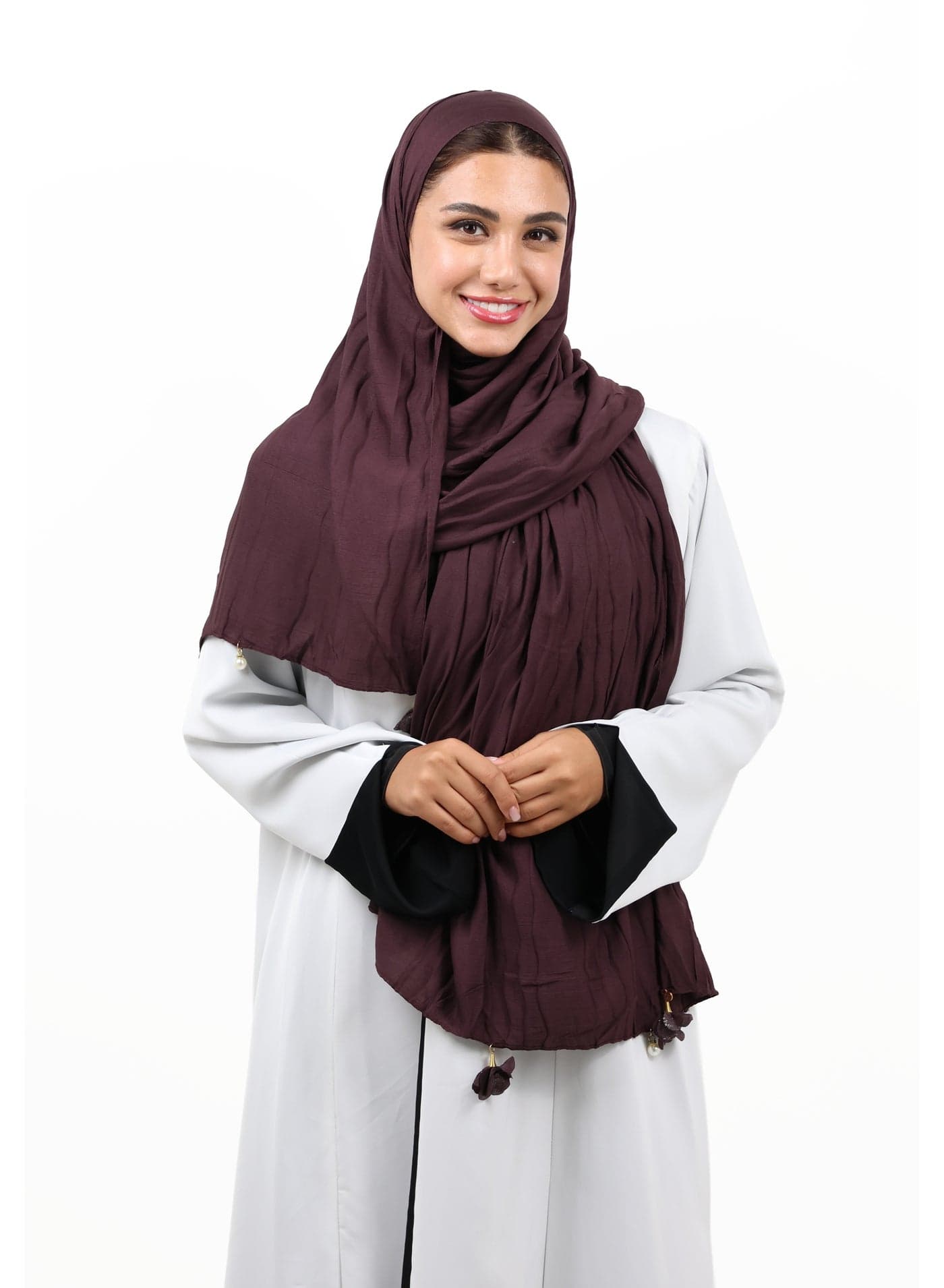 Premium Crinkle Cotton Scarf with Mixed Floral & Pearl Tassels (Mahogany Brown)