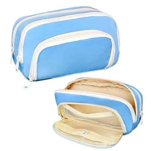 FunBlast Large Capacity Pencil Case, Multiple Compartment Double Zipper Portable Pencil Pouch, Aesthetic Pouch, Kawaii Pencil Case, Cute Pouches for Girls, Stationary Organizer Bag (Blue)