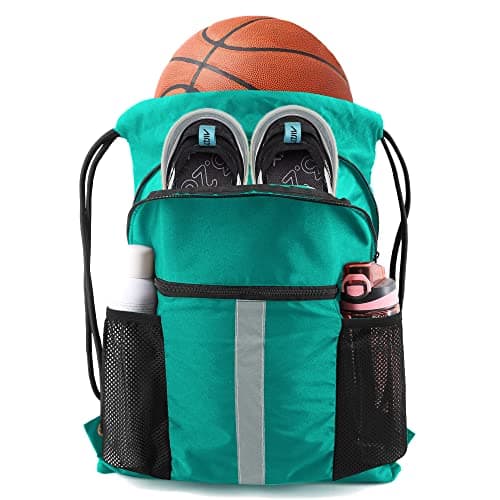 BeeGreen Teal Drawstring Backpack String Bag with Water Bottle Pockets Large Workout Bag Sackpack and Shoe Compartment Swim Sports Cinch Bag for Men Women Gym Yoga