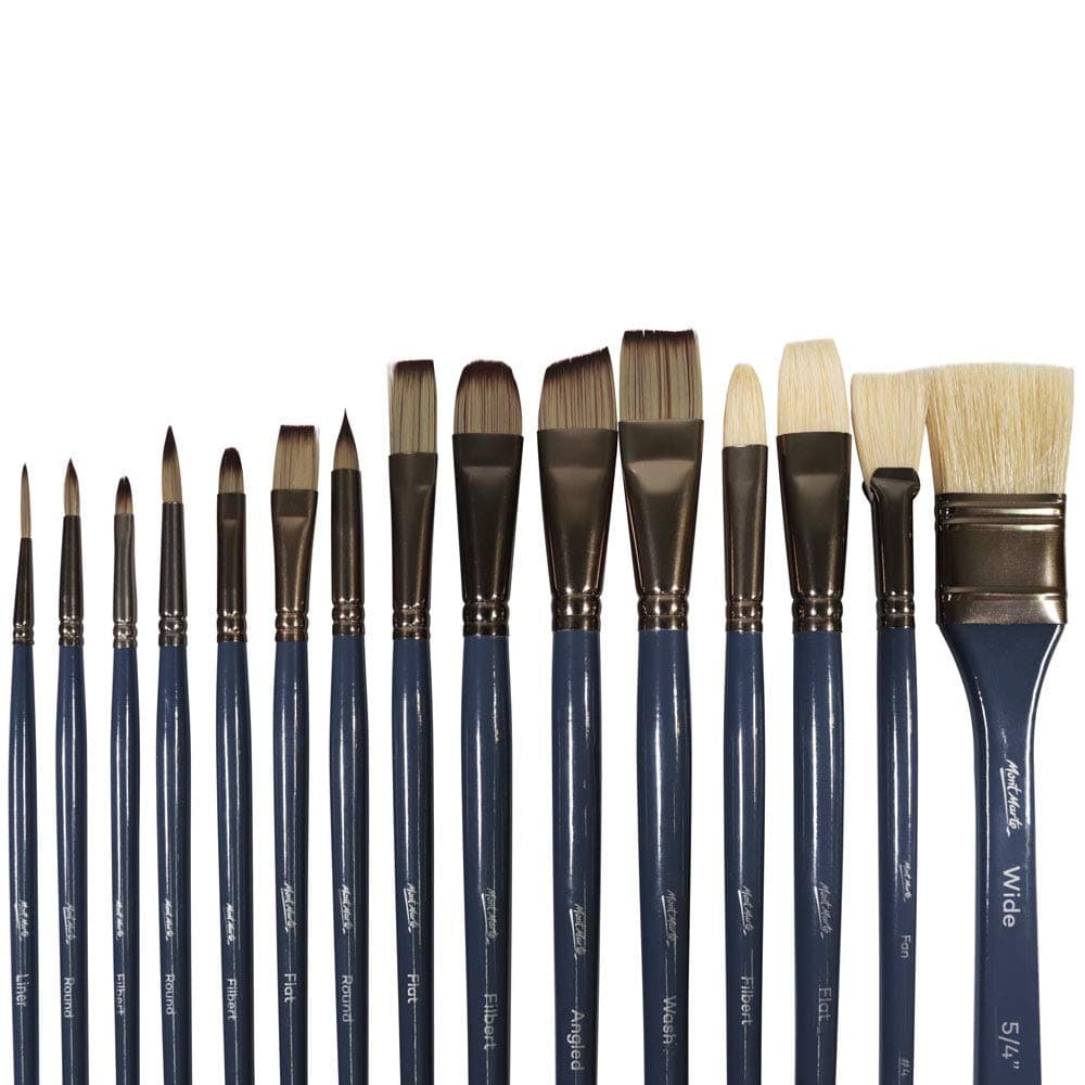 Mont Marte Premium Paint Brush Set 15 Piece Includes 15 Different Brushes in a Roll Case with Magnetic Closure Suitable for Watercolour Acrylic and Oil Painting