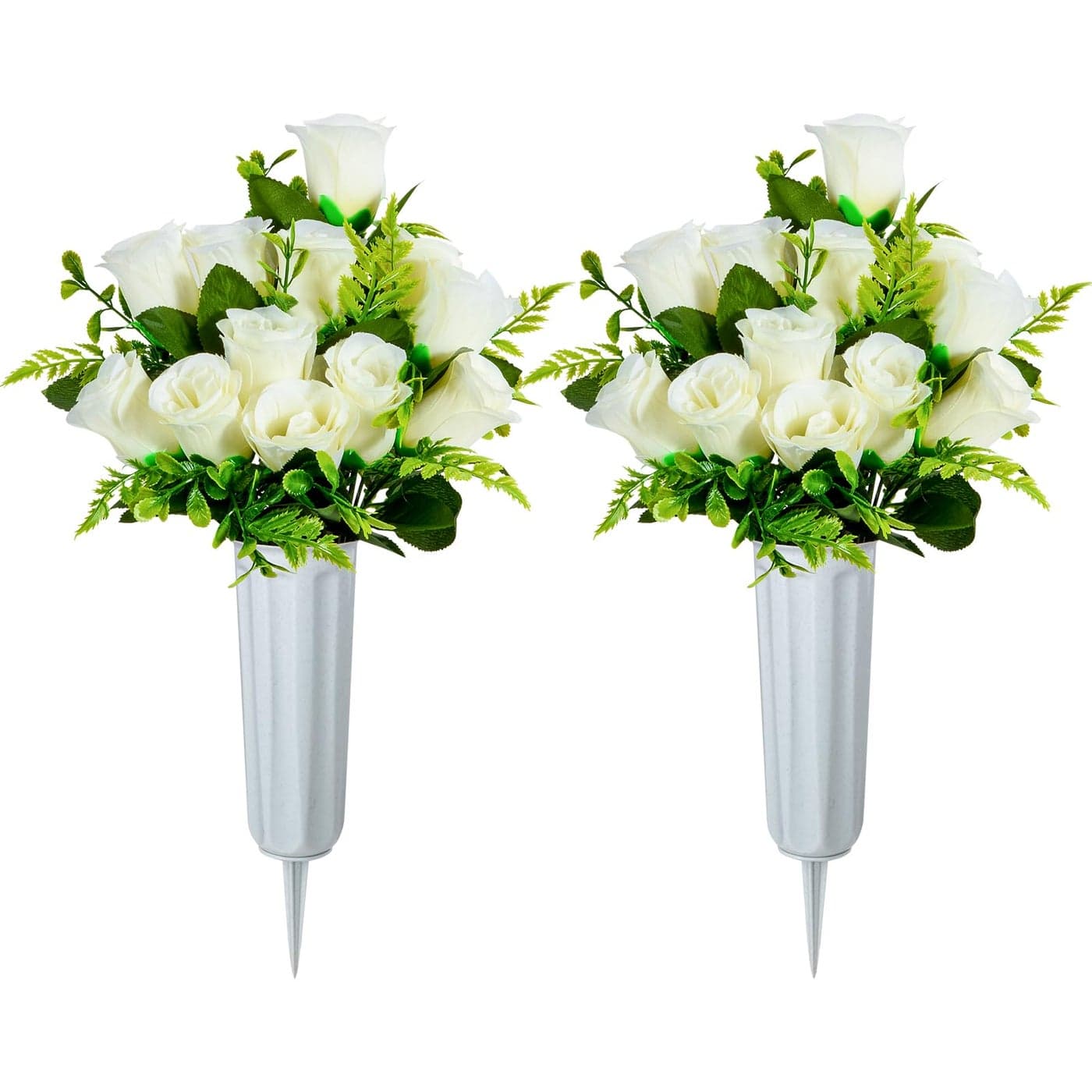 XONOR Artificial Cemetery Flowers Set of 2 Artificial Rose Bouquet Grave Memorial Flowers with Vase for Cemetery Headstones Decoration White
