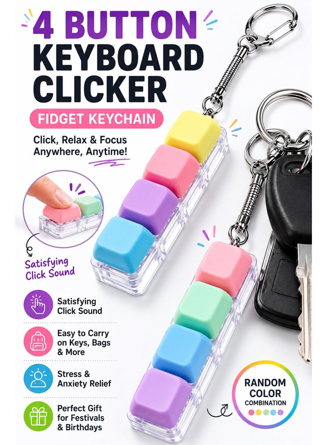 4 Button Keyboard Clicker Fidget Keychain | Mechanical Keyboard Switch Keyring | Sensory Stress Relief Toy for Bags, Keys & Desk | Random Color