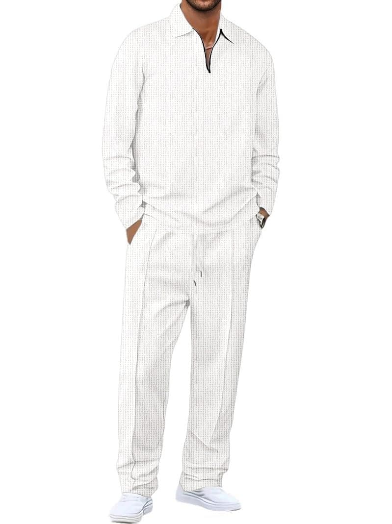 Jawdrobe Men’s Waffle-Check Co-Ord Set | Self-Textured Collar Top | Drawstring Jogger Pants | Cotton-Blend Loungewear/Night-Suit | Casual Travel & Streetwear Two-Piece (waffle-co-ord-set-white-xxl)
