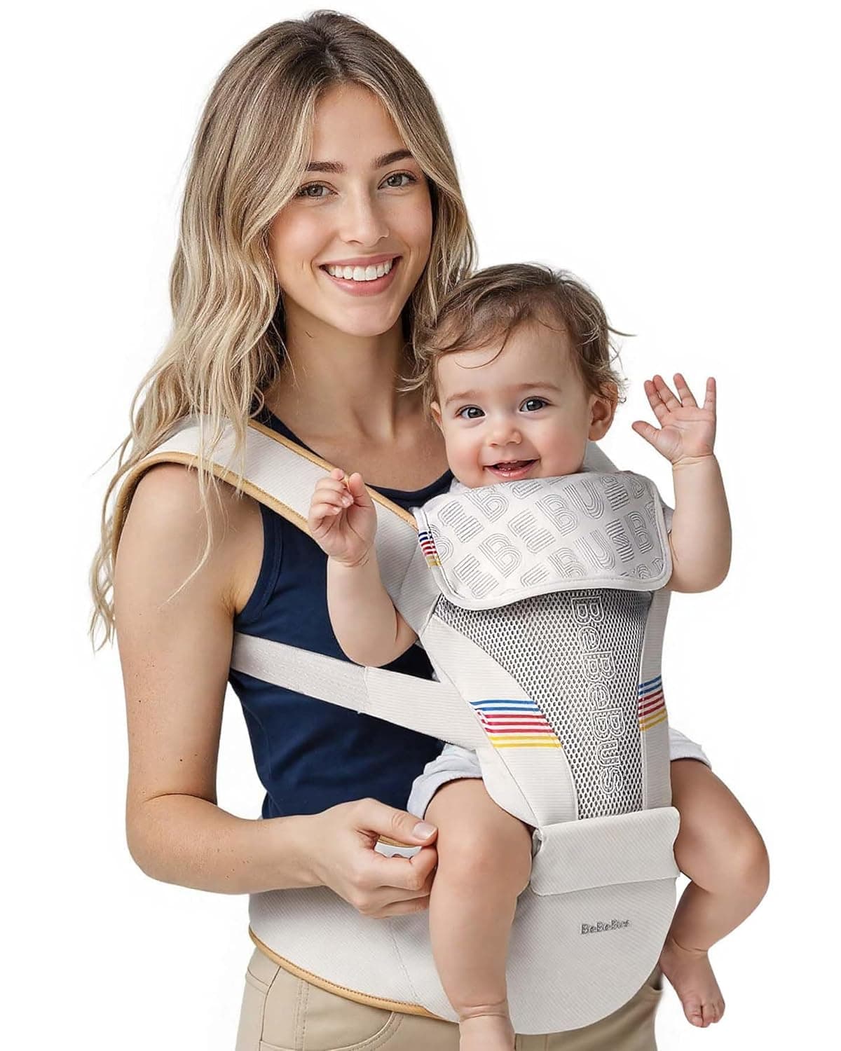 Baby Carrier with Hip Seat BeBeBus 2in1 Ergonomic Newborn to Toddler Carrier up to 44 lbs Detachable HandsFree for Infant All Season ForwardFacing Carry Fits Waist Sizes up to 38 inch White