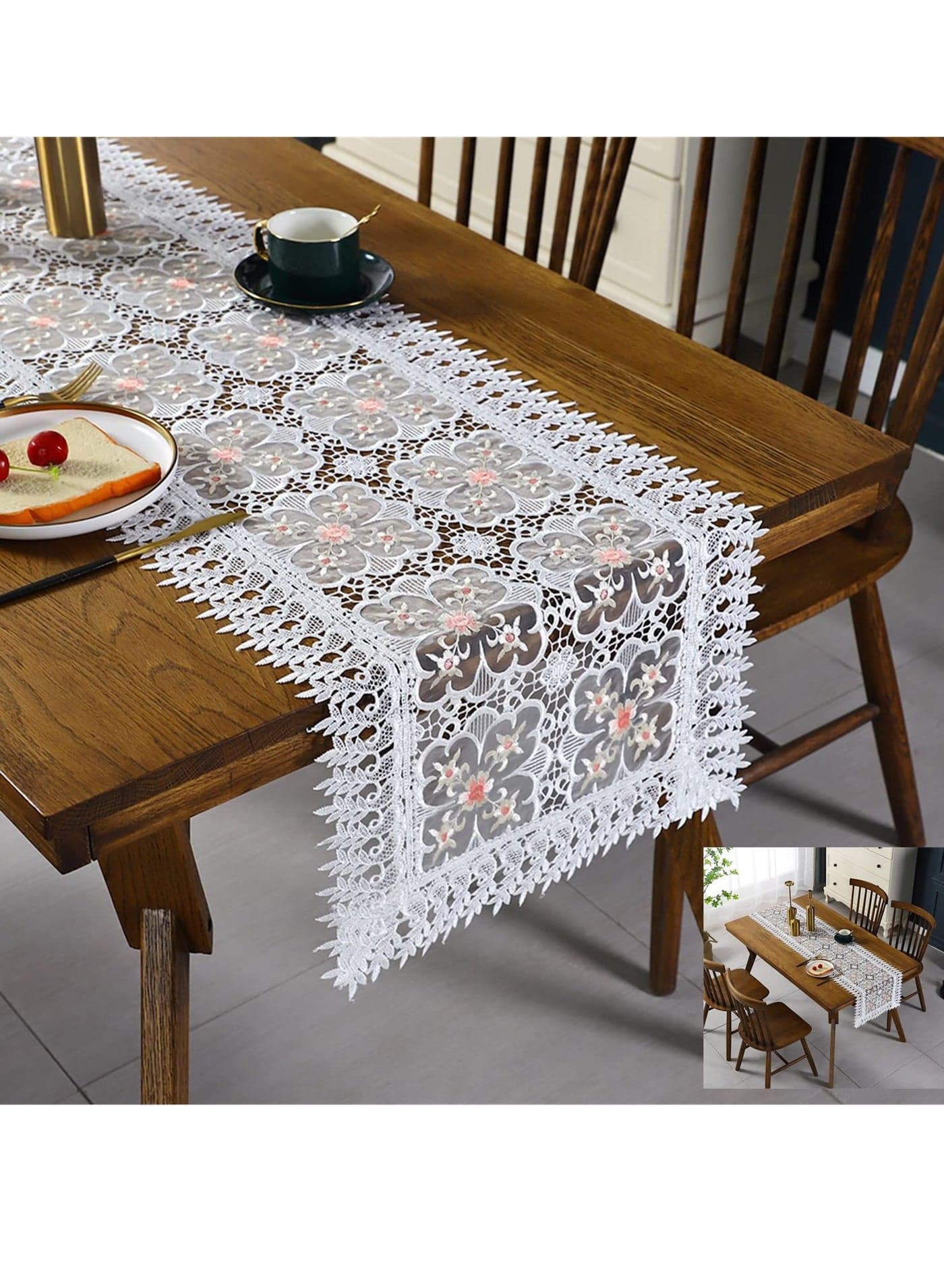 Lace Table Runner Rectangular White Cotton Linen Fabric Dresser Scarf with Delicate Lace Embroidered Table Runner for Kitchen Home Wedding Party Dining Room Decor, White 15 in x 72 in