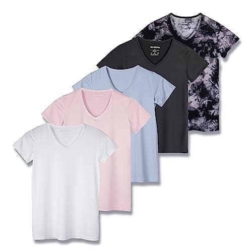 Real Essentials 5 Pack: Women's Dry Fit Short Sleeve V Neck Workout Top - Fitness Pilates Gym Athletic Yoga T-Shirt (Plus Available), Set 16, M