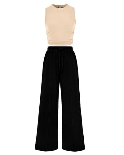 BTFBM Women Summer 2 Piece Outfits 2025 Beach Crew Neck Sleeveless Cropped Top Elastic Waist Wide Leg Pants Lounge Set(Apricot Black, Large)