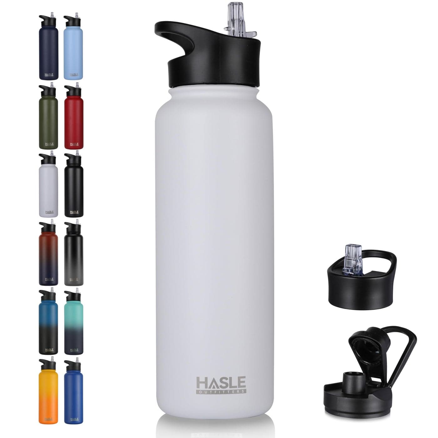 HASLE OUTFITTERS 40oz Stainless Steel Water Bottle Vacuum Insulated Double Walled Leak Proof Sports Water Bottle with 2 Lids Straw and Spout Lid Thermo Mug Keep Cold and HotWhite1