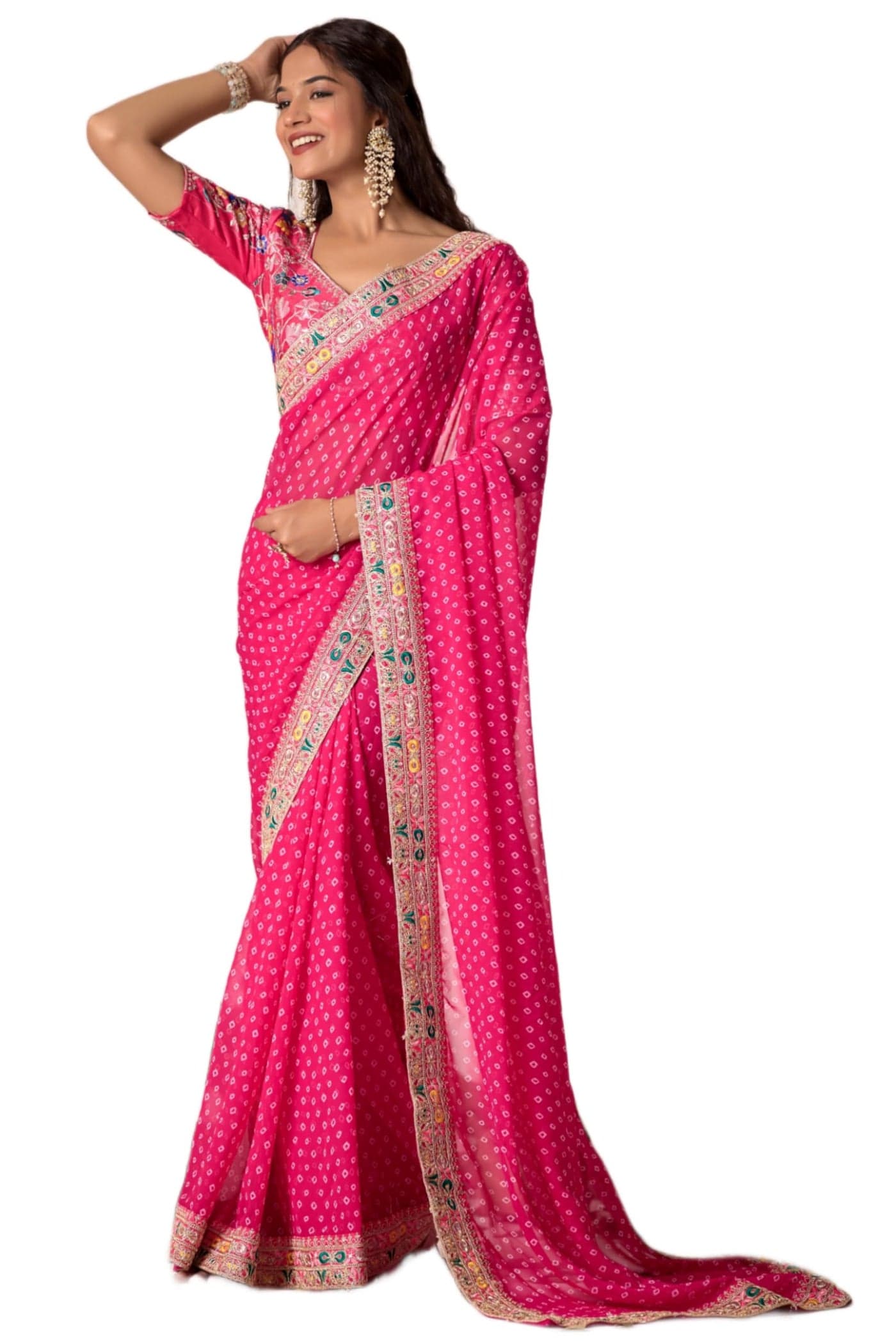 StyleScope Women's Bandhani/Bandhej Printed Multi Sequence Embroidered Lace Boardered Saree With Embroidered Unstitched Blouse Piece (Saiyaara Rani_Rani_Free Size)