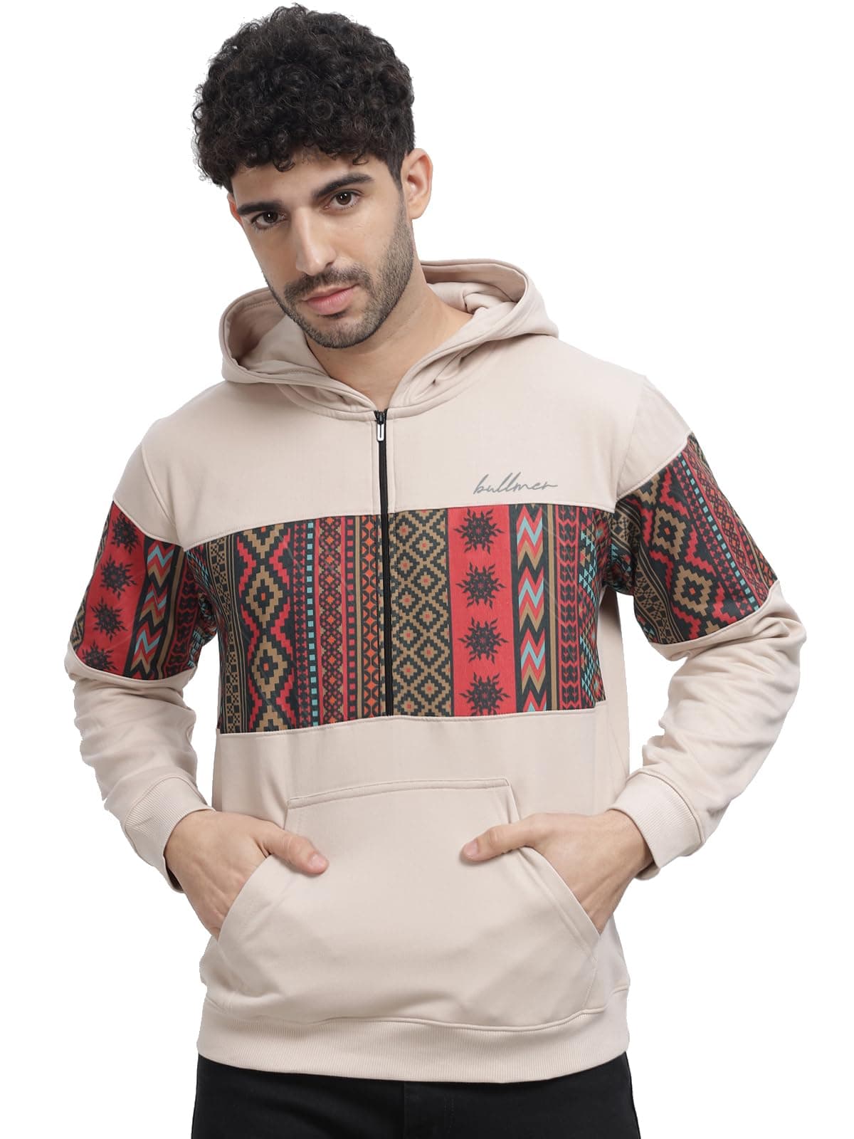 BULLMER Trendy Colourblock Fleece Hoodie Regular Fit Hooded Neck Sweatshirt for Men Grey Melange Large