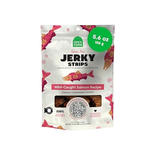 Open Farm, Dog Jerky Treats, Soft & Chewy Oven-Baked Jerky Strips Made with Ethically & Sustainably Sourced Ingredients, Protein Packed Dog Treats, Grain Free Wild Caught Salmon Recipe, 5.6oz Pouch