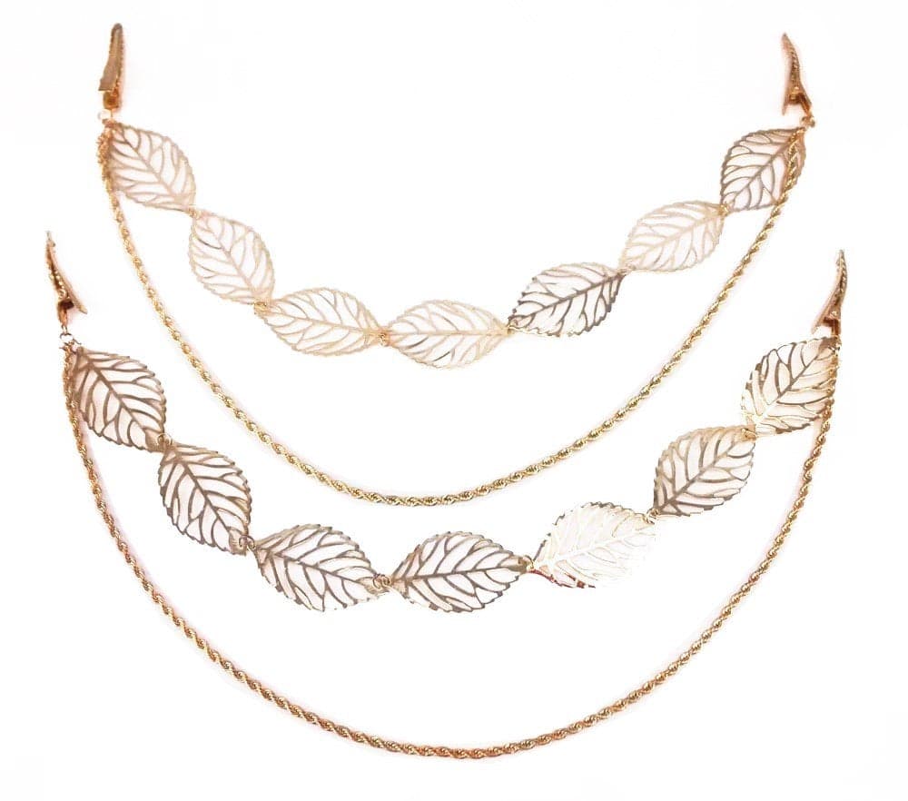 yueton 2pcs Fashion Ladies Hollow Out Leaves Gold Chain Alligator Clips Barrettes Bobby Pin Hair Clips Bride Headwear Edge Clip Clamps Headbands