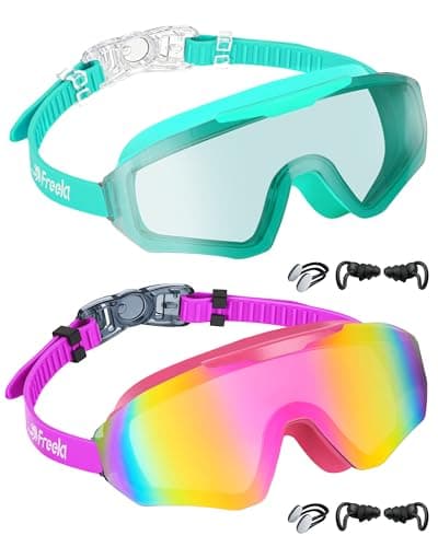 Freela 2 Pack Kids Swim Goggles for 6-14 8-12 8-14 4-7, Water Pool Swimming Goggles 180° Wide View Anti-Fog UV Protection, Soft Silicone Layer Waterproof No Leak Glasses for Teens Youth Boys Girls