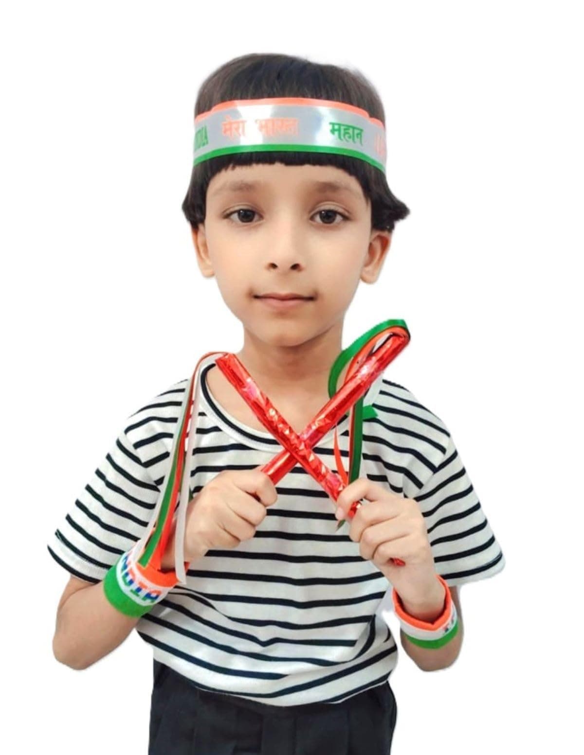 BookMyCostume 3 Pcs Patriotic Costume Accessory Set for Boys | Fancy Dress Costume Accessories for Kids | Independence Day Props | Accessorize with Tricolor Set – Pom-Poms, Headpiece & Wristband