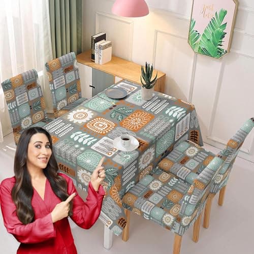 HOKIPO Polyester Chair Cover Set Of 4 With Matching Table Cover (Ar-5186-D12, Rectangular, Cool Grey)