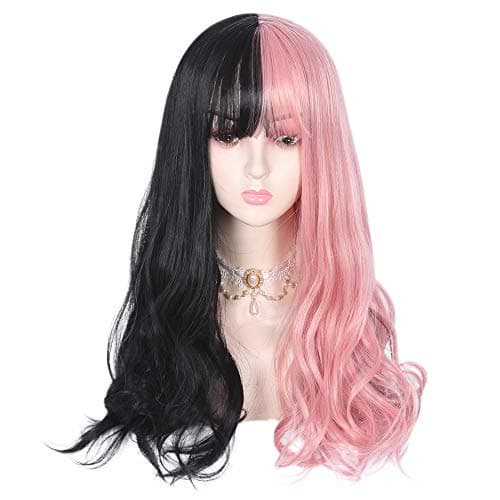 Filuckyve 24" Half Black Half Pink Long Cosplay Wig with Bangs Wavy Harajuku Cute Daily Party Women Girls Costume Hair Halloween Birthday Gifts