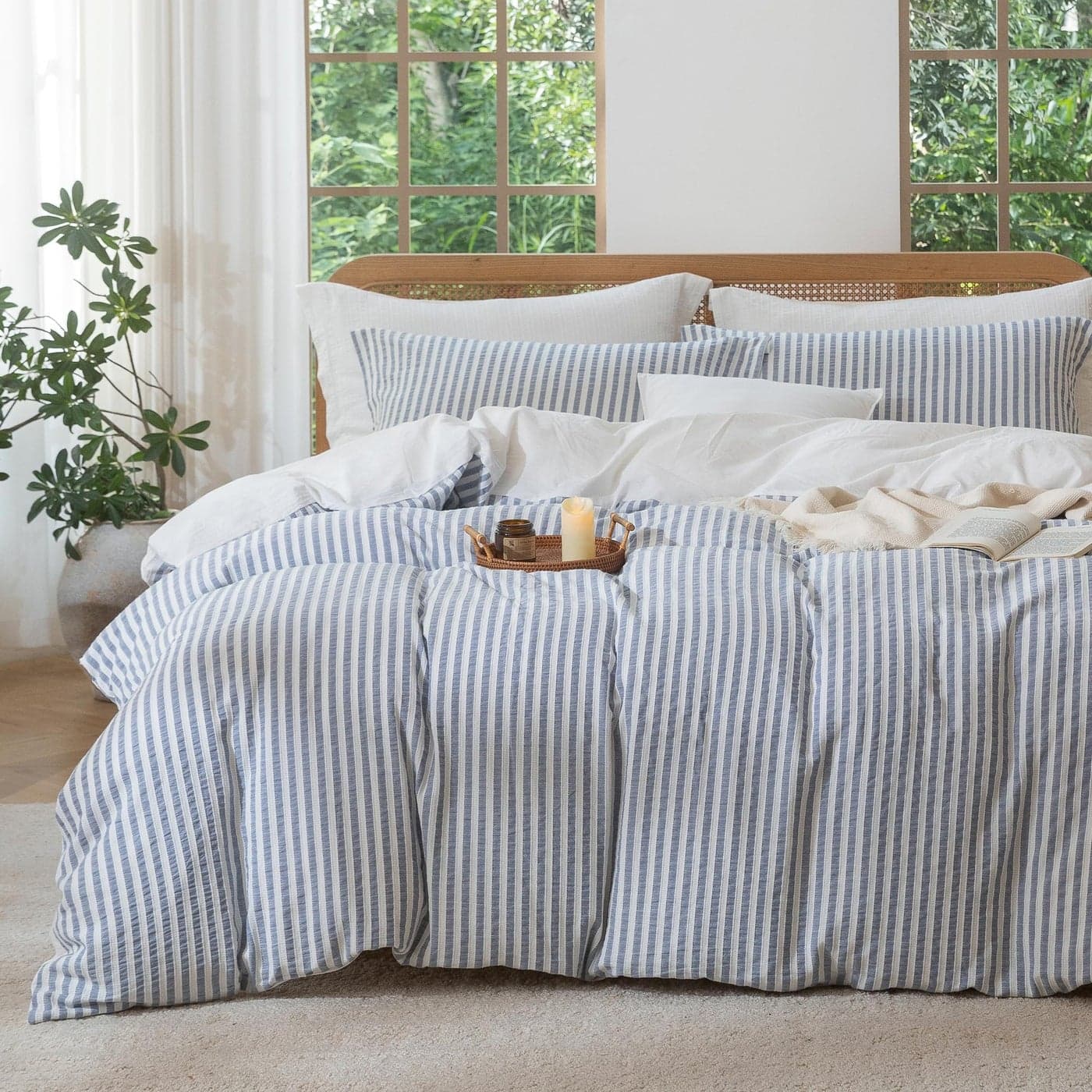 MILDLY Blue Striped Duvet Cover 100 Washed Cotton Jacquard Boho Textured Comforter Cover 3pcs with Zipper Closure 90x90