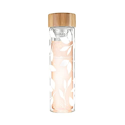 Pinky Up Blair Travel Tea Infuser Mug Double Walled Insulated Travel Tumbler with Loose Leaf Tea Strainer Travel Coffee Mug Keeps Drinks Hot or Cold 16 oz White Leaf
