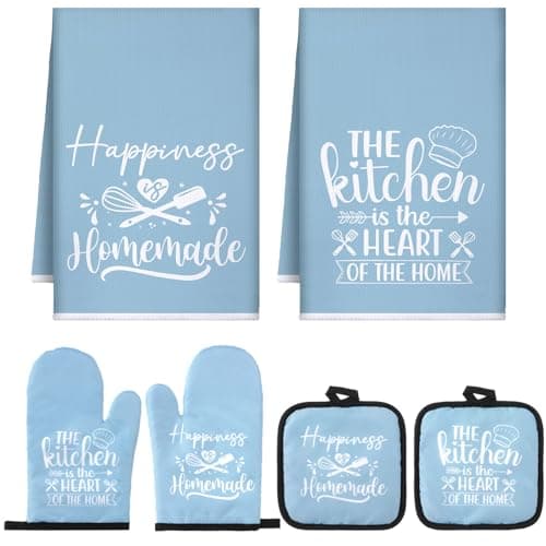 Sratte 6 Pcs Kitchen Decor Accessories Set Farmhouse Towels Pot Holders Oven Mitts Set 2 Dish Towels 2 Potholders 2 Cooking Mittens Oven Glove for Christmas Baking Cooking Supply(Light Blue,Kitchen)
