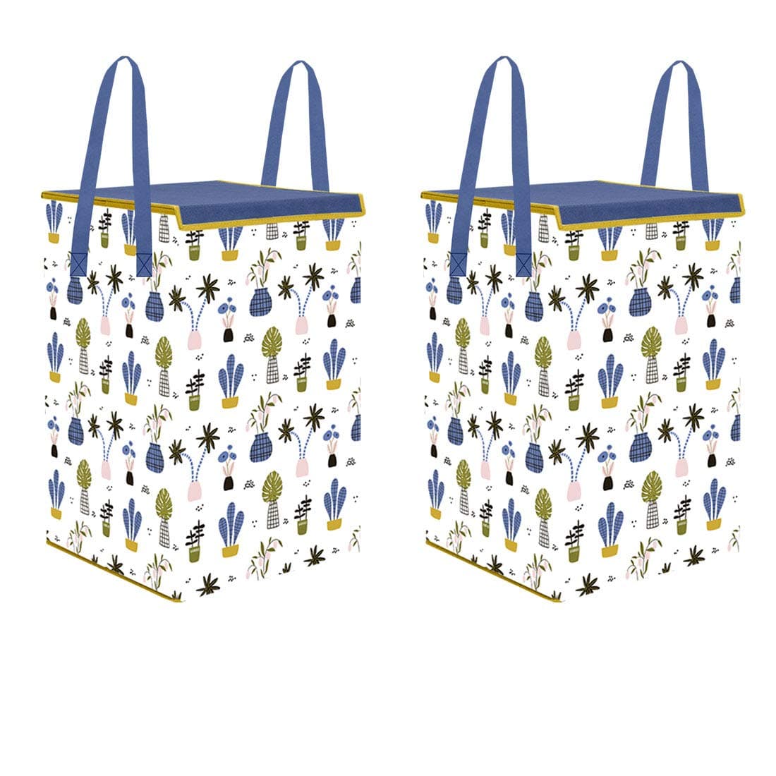PrettyKrafts 75L Non Woven Mushroom Printed Rectangular Foldable Large Laundry BagBasket With Lid Handles Freestanding Cloth Storage Organizer for Bedroom 37x37x51cm White Set of 2
