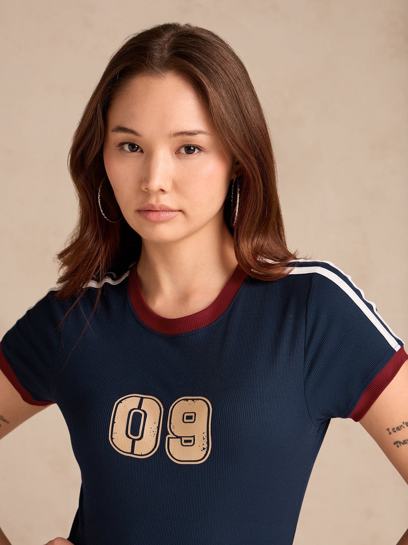Navy Blue Cotton Ribbed Contrast Detail Crop Tee