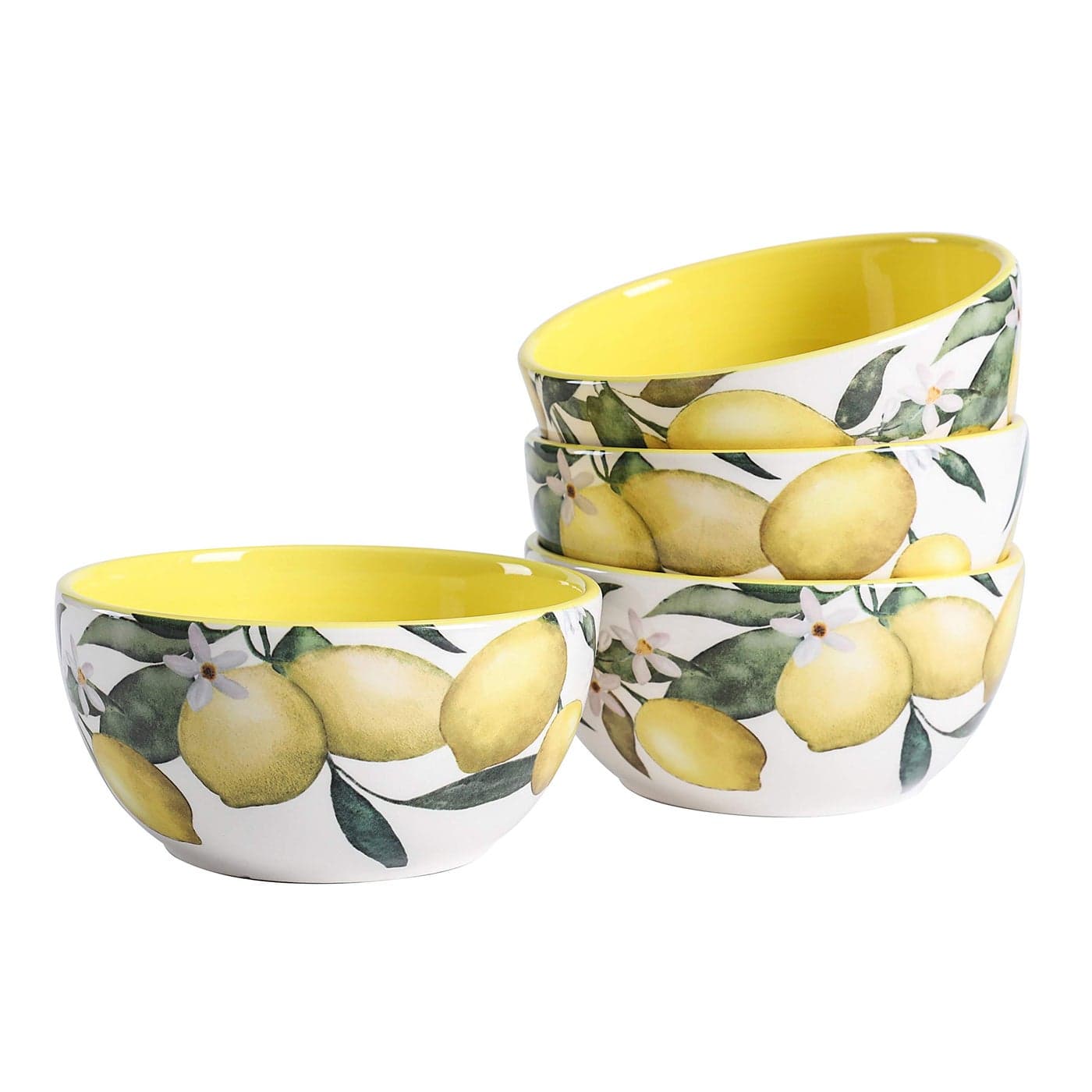 Bico Lemon Dreams Ceramic Bowls Set of 4 26oz for Pasta Salad Cereal Soup Microwave Dishwasher Safe