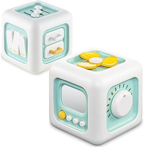 Brand Conquer Montessori Busy Cube for Toddlers 1-3,Car Travel Toys Busy Board Activity Cube,Learning Stocking Stuffers Educational Birthday Gifts Baby 12-18 Months (Fan Learning 6 in 1 Light Geen)