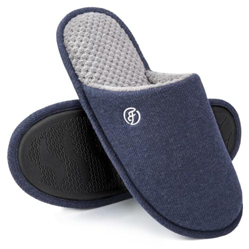 EverFoams Men's Cotton Knit Slippers Lightweight Memory Foam Indoor House Shoes with Anti-Skid Sole (9-10 M US, Navy Blue)