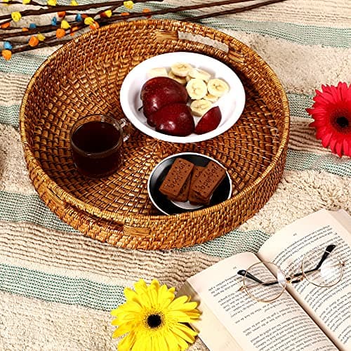 AKWAY Round Wicker Basket | Tray Wooden Serving Tray for Home | Tray for Party Guests | Round Platter with Handles Diwali or Deepawali Gifts (15W x 15 L x 3H inch) (Brown)