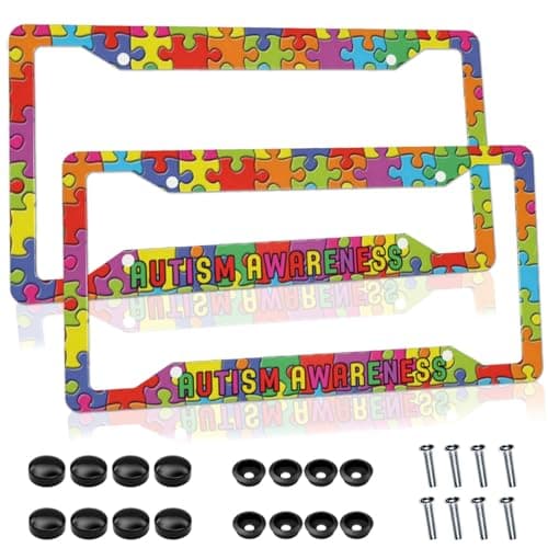 Autism Awareness License Plate Frame Aluminum Metal Puzzle Pieces License Plate Frame Holder Accessory Decorative 4 Holes Fits US Standard License Plates Set of 2 123 x 63