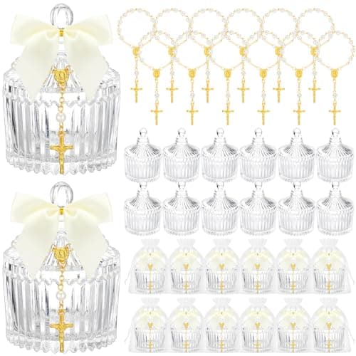 Chuangdi 12 Sets 48 Pcs Baptism Favors for Guests Crystal Candy Bowl Gifts with 12 Pcs Cross Rosary for Baptism Decorations Wedding Baby Shower Supplies First Communion PartyWhite