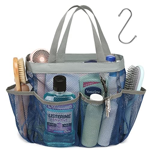 Fcolor Mesh Shower Caddy Portable Upgrade Deeper 7 Pockets Shower Bag Basket Tote for College Dorm Room Toiletry Bathroom Essentials Gym Camp Quick Dry 2 handles with S Hook Navy Blue