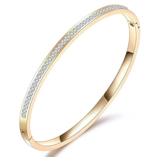 Shining Diva Fashion 18K Gold Plated Stainless Steel Openable Crystal Bracelet | Cuff Bangle | Friendship Couple Wedding Gifts for Mother Sister Wife Girlfriend | Anti Tarnish Jewellery (D_Gold)