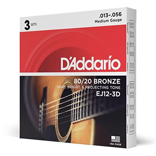 D'Addario Acoustic Guitar Strings, 80/20 Bronze, EJ12-3D, Medium Gauge 13-56, 6-String Set, Pack of 3