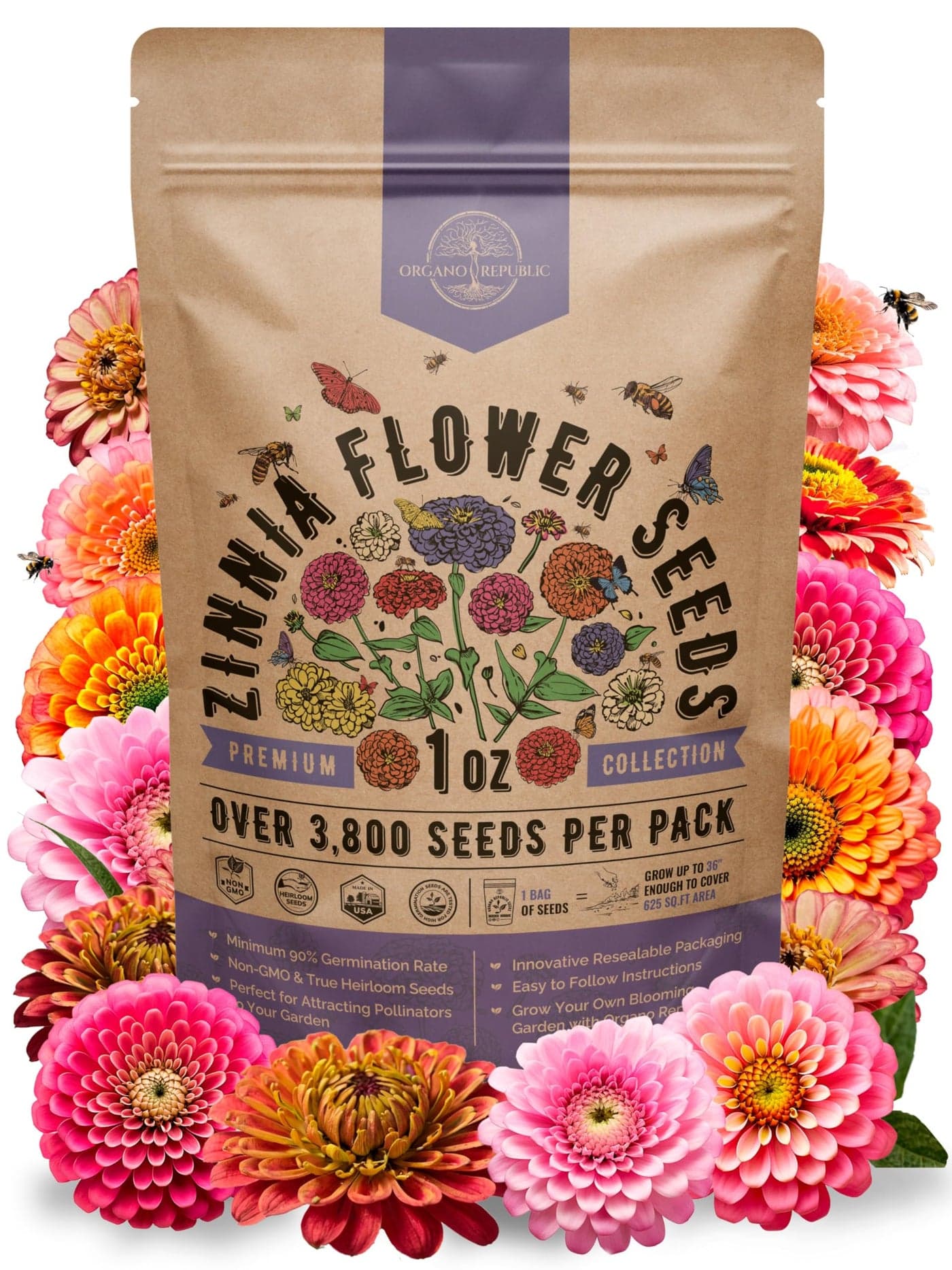 Zinnia Seeds Pack 1 oz - Over 3,800 Non-GMO Heirloom Zinnia Seeds for Planting, Annual Flowers in Individual Seed Packet, Flower Seed for Planting Home Garden Indoor & Outdoor Gardening