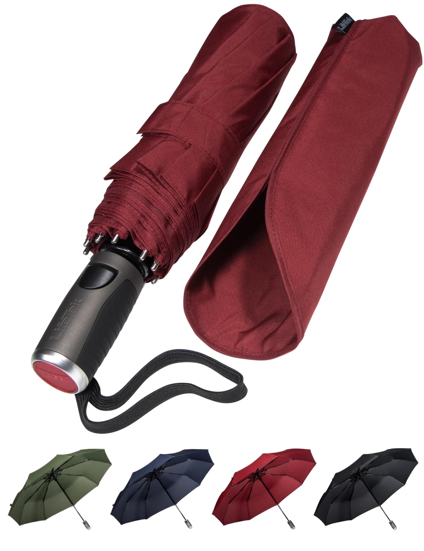 LifeTek Traveler 42 FX1 - Windproof Travel Umbrella, Automatic Open Close, Compact for Rain and Sun, Fits in Purse or Backpack, Strong Heavy Duty Frame, Durable, UV Protection, Small and Portable - Red