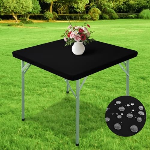 Wolkemer Square Waterproof Fitted Tablecloth 34x34 Inch - Windproof Washable Polyester Table Cloth Wipe Clean Elastic Table Cover for Camping, Picnic, Party, Indoor & Outdoor (Black)