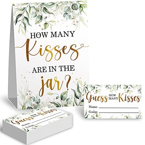 How Many Kisses in The Jar Bridal Shower Game Wedding Shower Games Bachelorette Party Night Eucalyptus Leaf Neutral Party Game Cards Bridal Party Decorations 1 Standing Sign and 50 Pcs Cards