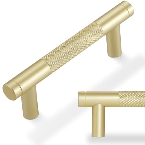 POVEFONK 10 Pack 3 inch76mm Brushed Brass Kitchen Cabinet Handles Knurled Cabinet Pulls Gold Drawer Pulls Kitchen Hardware