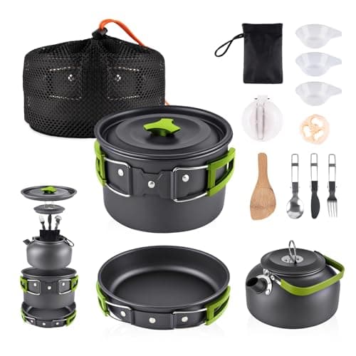 aiGear Camping Cooking Set Cookware Mess Kit with Storage Bag Pot Pan and Teapot Set Camping Accessories for Outdoor Camping Hiking Picnic Portable and Lightweight Aluminum Color GreenCC5339GN