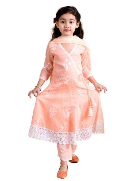 Pspeaches Girls Peach-Coloured Floral Printed Angrakha Pure Cotton Kurta With Trousers With Dupatta (Orange-4-5Y)