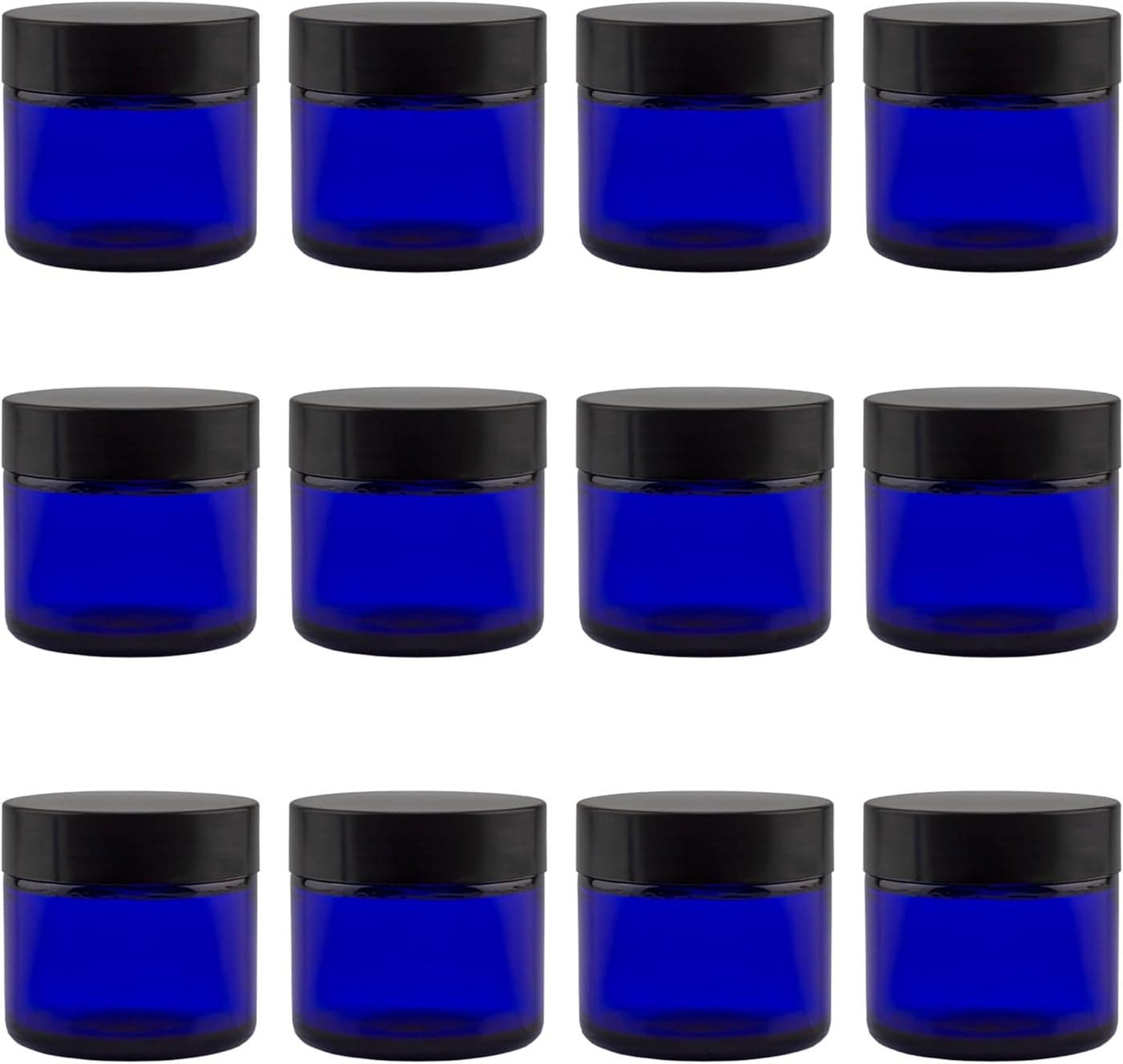 Cornucopia 2oz Cobalt Blue Glass Cosmetic Jars (12-Pack); Straight Sided Jars w/Black Plastic Lined Lids for Balms, Cosmetics, Creams & More