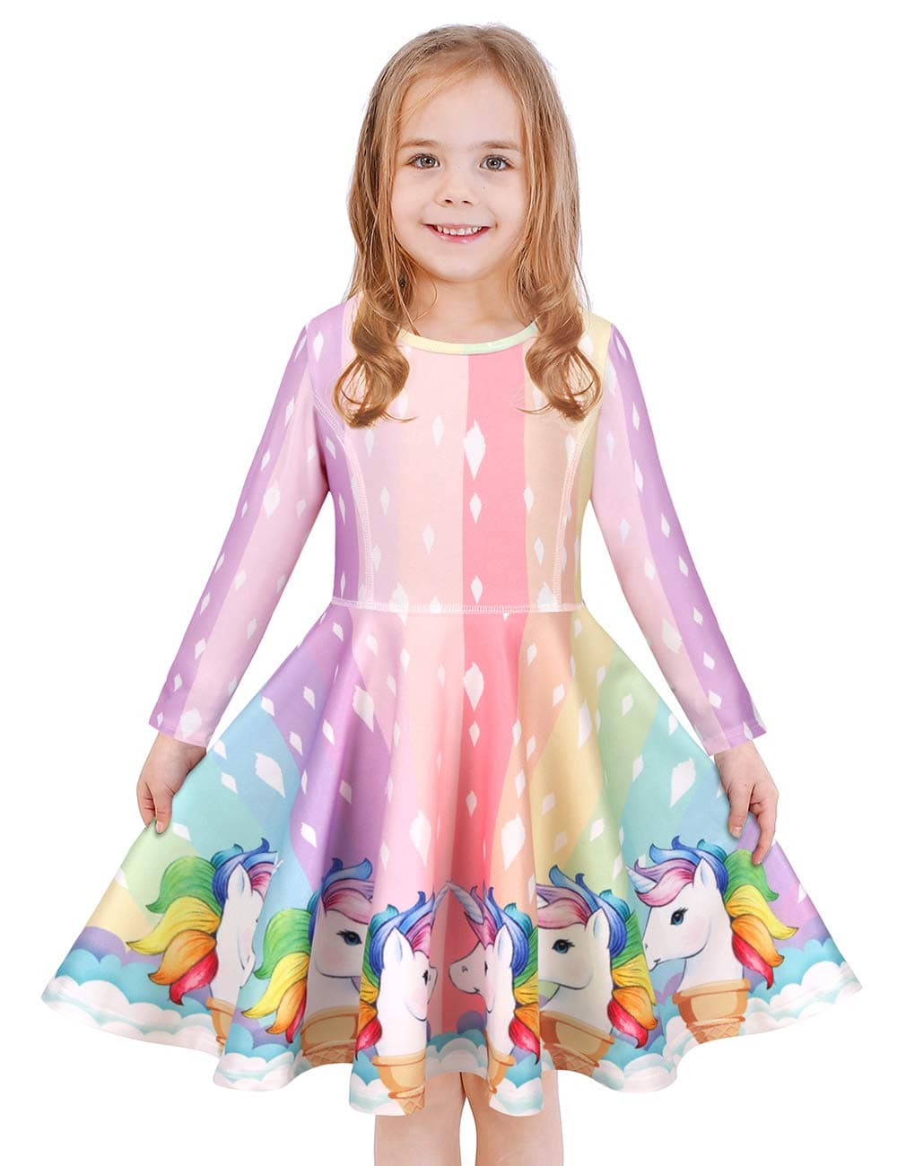 LaBeca Girls Party Casual Printed Twirly Longsleeve Dress Icecream Unicorn Fall L