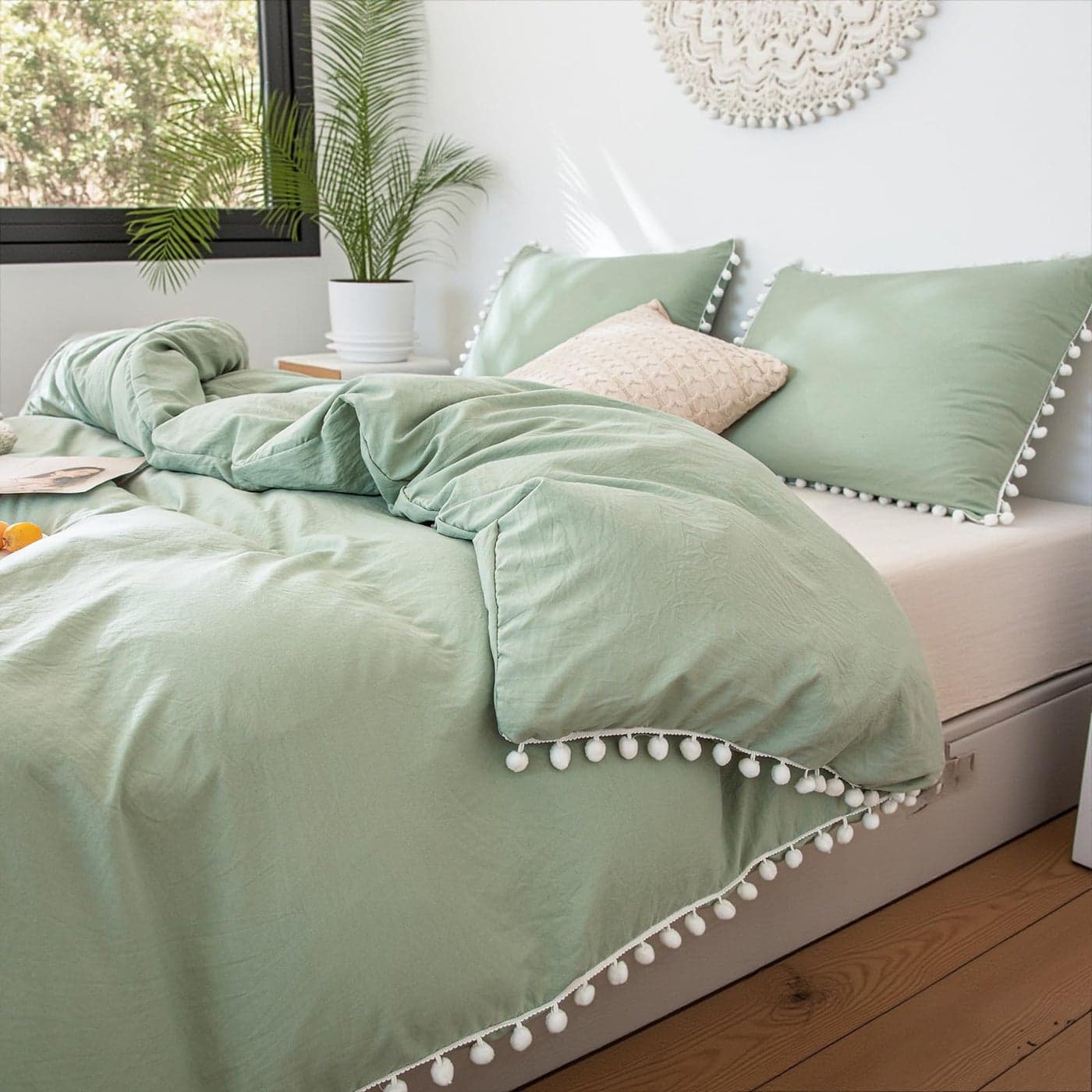 Bedbay Sage Green King Size Pom Pom Comforter Set Green Bedding Farmhouse Boho Comforter Set 3 Pieces 100 Washed Microfiber Soft Lightweight Fluffy Comforter King Bed Set