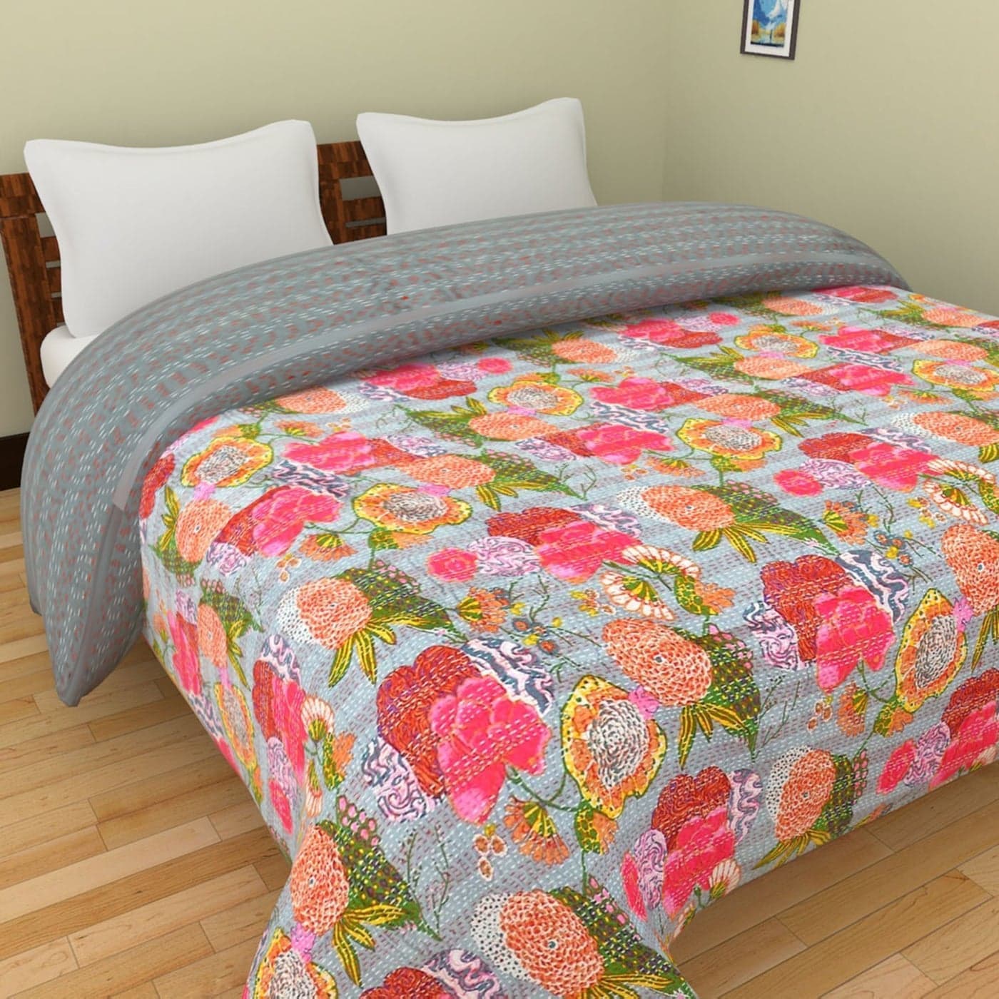 Textile art Cotton Kantha Quilt Bedspread Bed Cover Multicolour 60x88inch